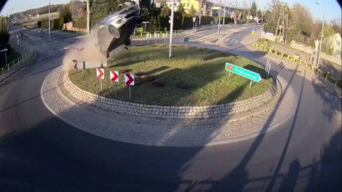 Speeding Car Slams Into Roundabout, Launches Straight Into The Sky
