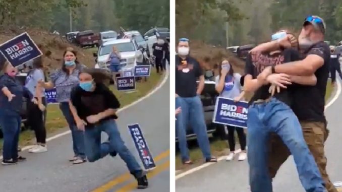 Biden/Harris Supporter Gets Choked Up After Charging At Trump Supporters During Protest