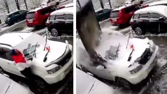 Guy Moves Right Before A Huge Concrete Slab Slams Into The Top Of His Car