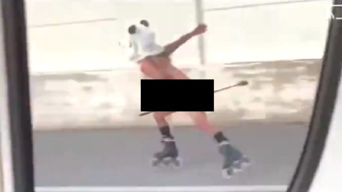 Video Shows A Man Skating On The Freeway In His Birthday Suit With A Panda Mask On
