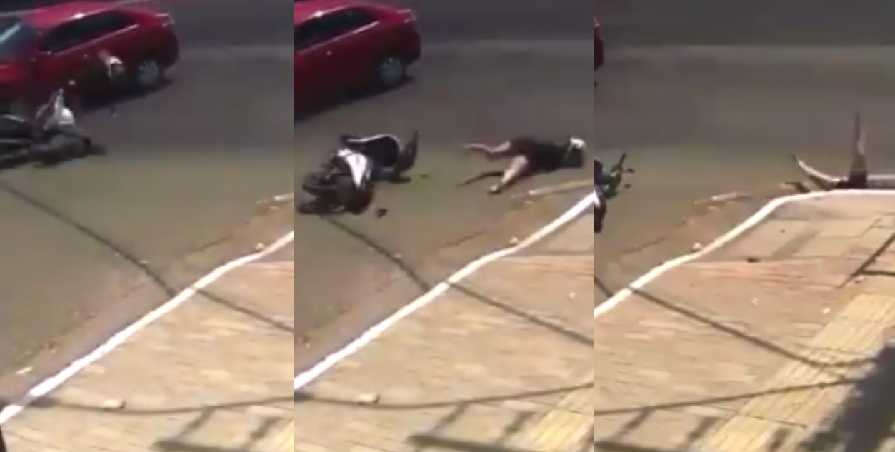 Motorcyclist Gets Hit by a Car and Slides Smooth Down The Drain