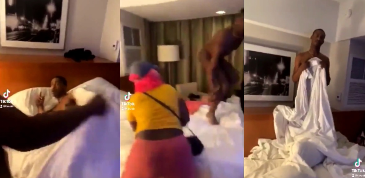 Woman Catches Her Man Creepin' And Whipped Him With A Belt Around The Hotel Room