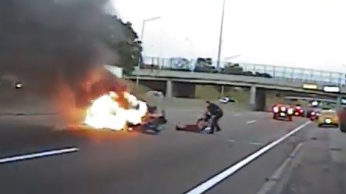 Shocking Video Shows Man Being Rescued From Fiery Horrific Crash on Detroit Freeway