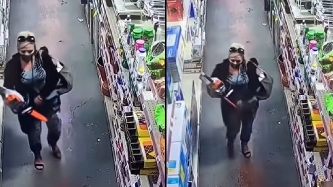 Woman Caught on Camera Trying To Stuff a Chainsaw Down Her Pants