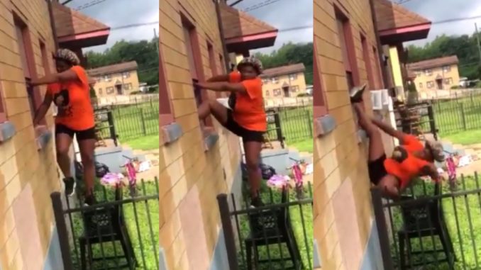 Woman Tries To Climb Through A Window But Her Knees Weren't Ready