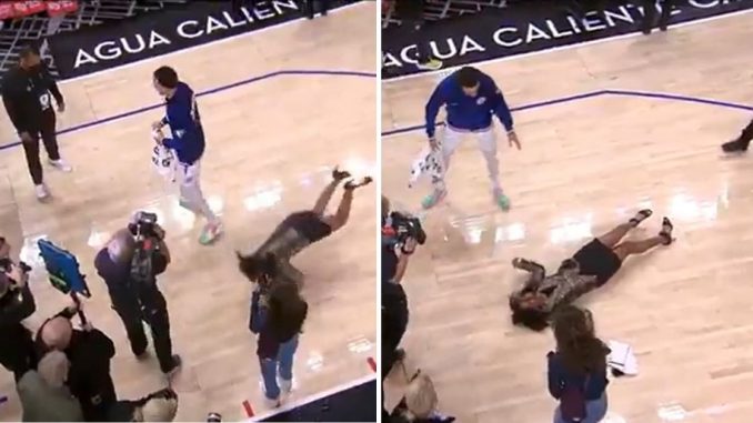 NBA Sideline Reporter Kristina Pink Falls Face-First On Court After Slipping On Water