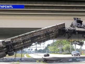 Raw Video: Semi-Truck Goes Off Overpass & Burst into Flames in Florida