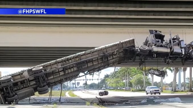 Raw Video: Semi-Truck Goes Off Overpass & Burst into Flames in Florida