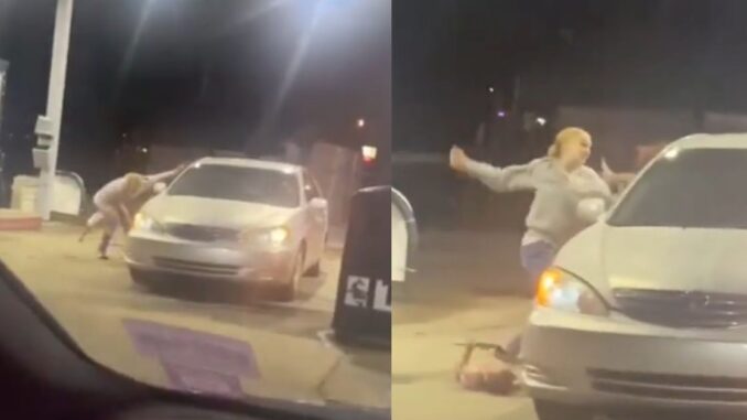 Woman Lays Her Baby on The Pavement So She Can Continue Fighting at Gas Station