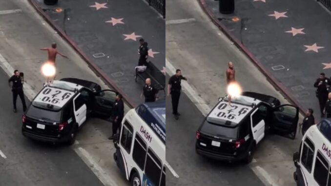 Naked Man Dance on Top of LAPD Police Cruiser Near Hollywood Walk of Fame
