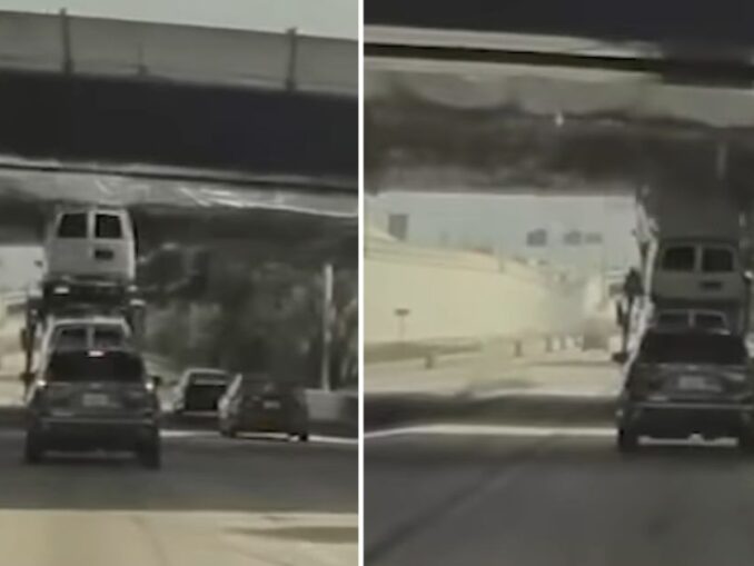 Van on Vehicle Carrier Gets DESTROYED After Slamming into Overpass [Video]